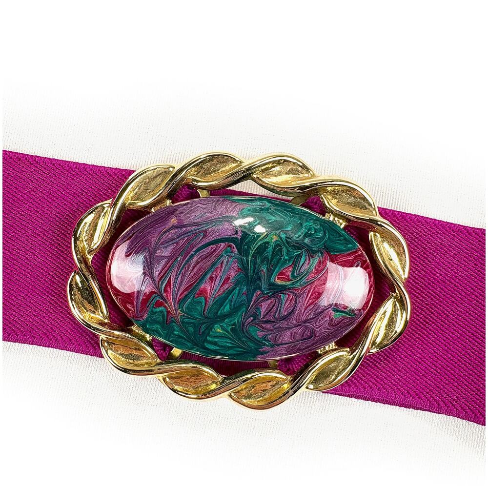 Nan Lewis VTG 80s Women’s Magenta Stretch Belt Gold Enamel Statement Buckle